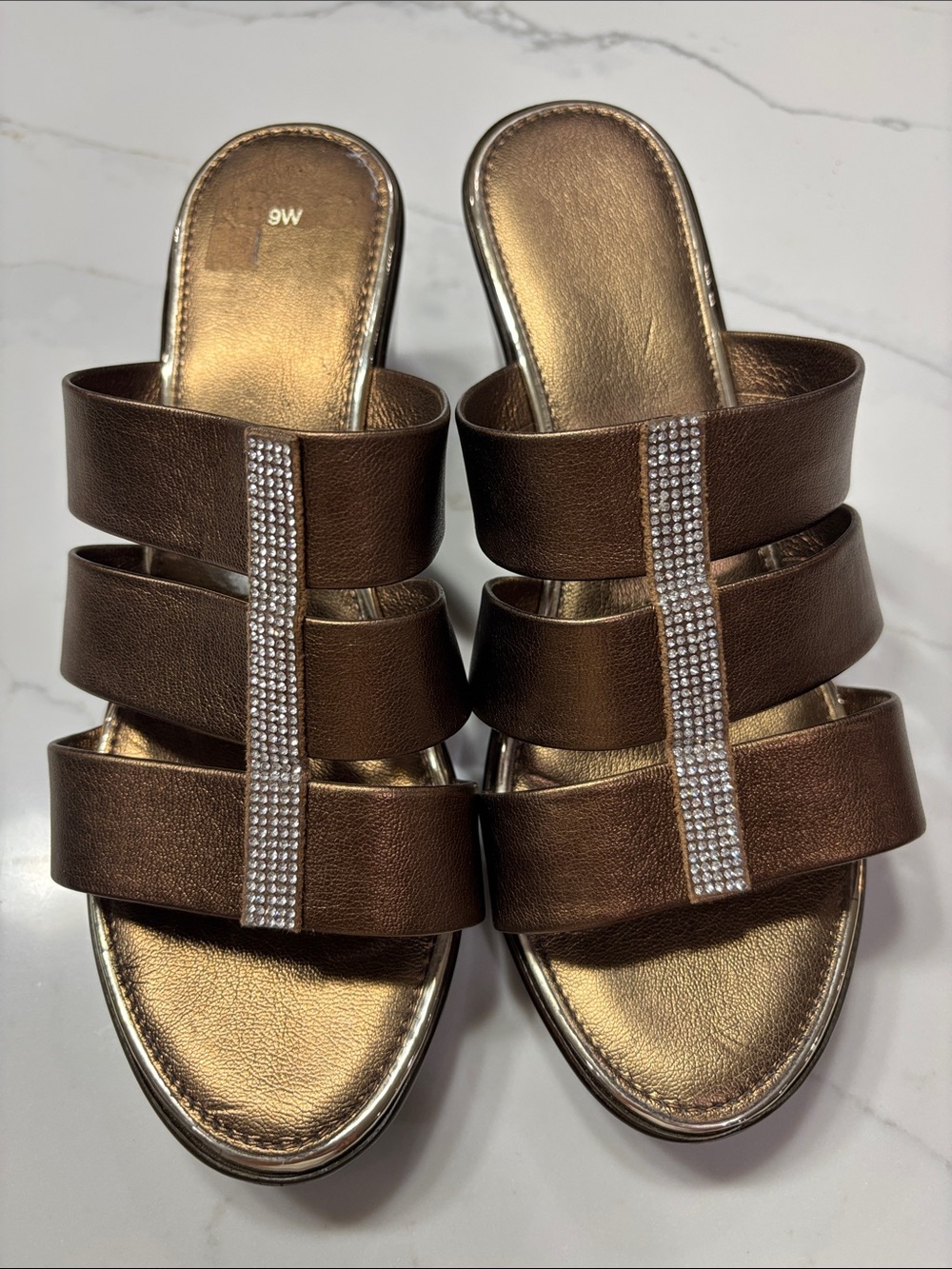 Source Unknown Metallic Brown Slide Sandals with Rhinestone Straps